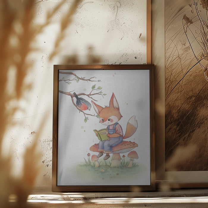 Fox and Bird Illustration Framed Art Wall Decor