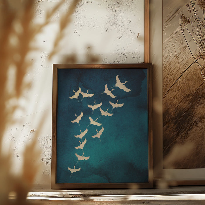 Teal Flying Cranes Framed Art Wall Decor