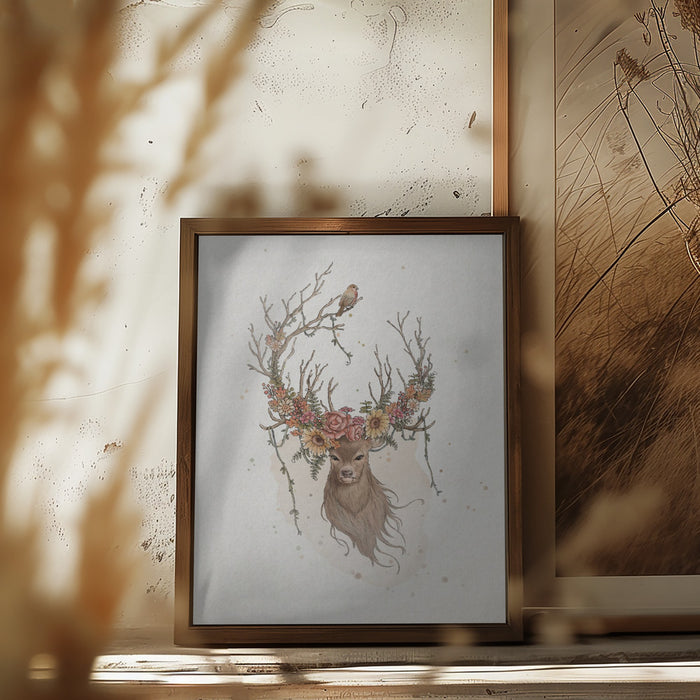 Deer and flowers Framed Art Wall Decor