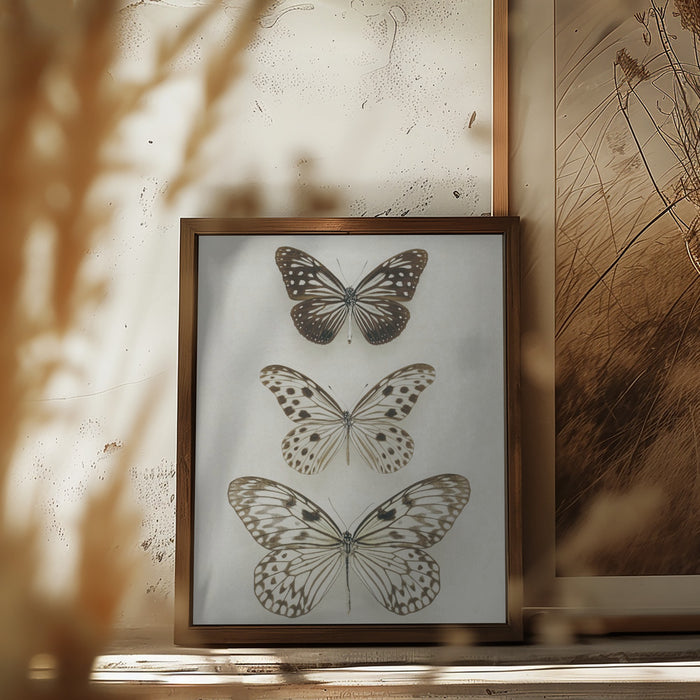 Three Neutral Butterflies Framed Art Modern Wall Decor