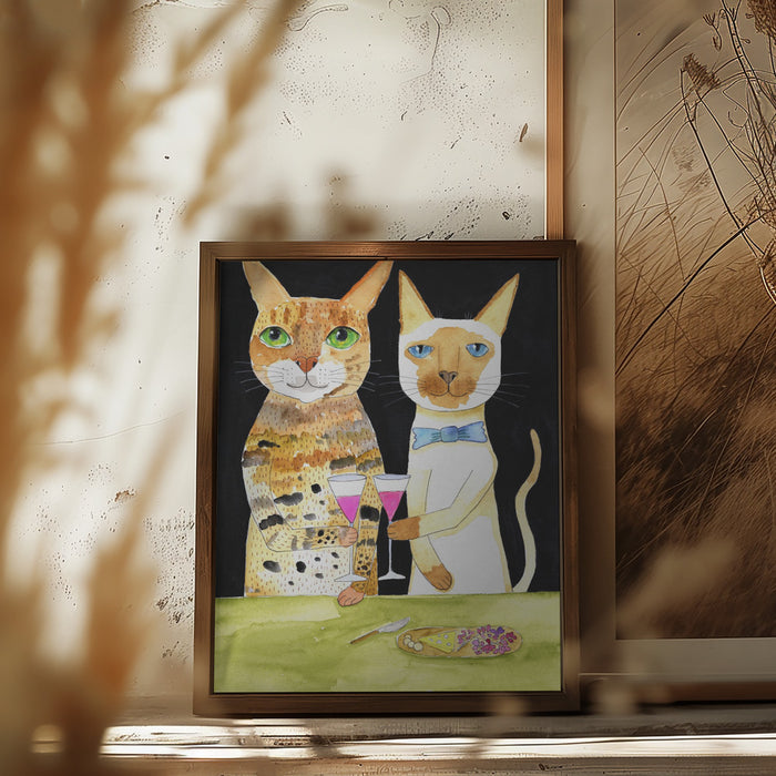 Cats Drinking Best Friends Framed Art Wall Decor