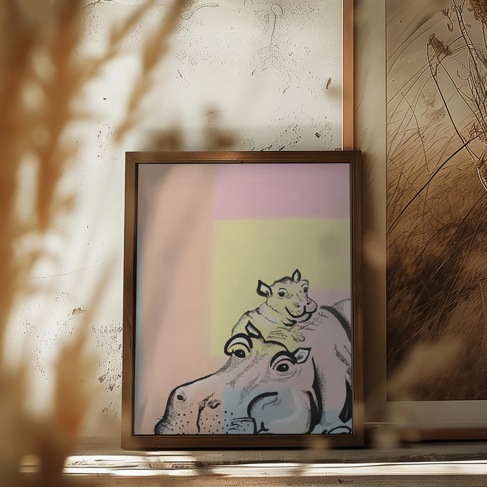 Mama hippo and baby Framed Art Wall Decor