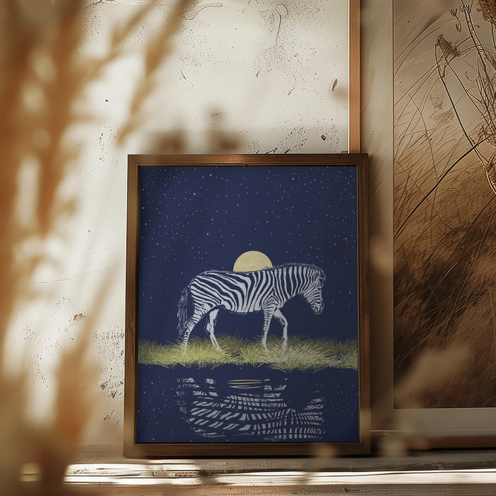 Zebra Waterhole Moonrise Framed Art Wall Decor