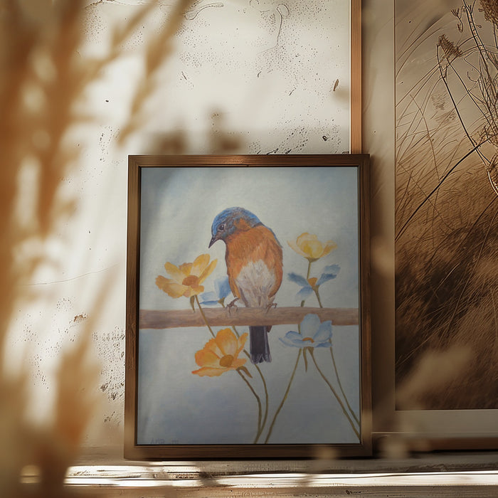 Flower Peeping Eastern Bluebird Framed Art Wall Decor