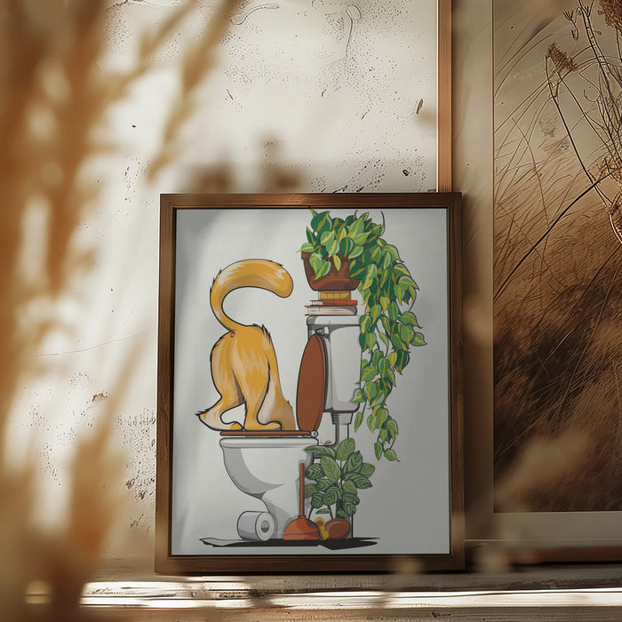 Cat Drinking From the Toilet Framed Art Wall Decor