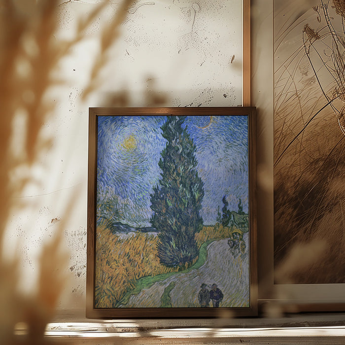 Vincent Van Gogh's Road With Cypress and Star 1890 Framed Art Wall Decor