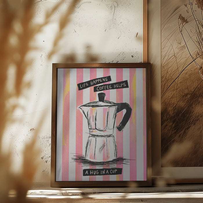 Mocca Coffee on Stripes - Hug in a Cup Framed Art Modern Wall Decor