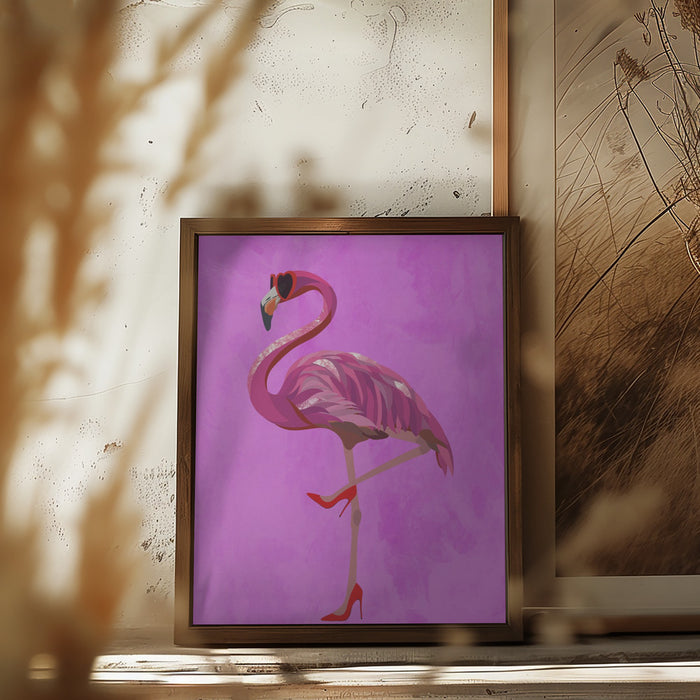 Flamingo in heels and heart glasses pink Framed Art Wall Decor