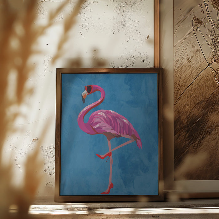 Flamingo in heels and heart glasses blue Framed Art Wall Decor