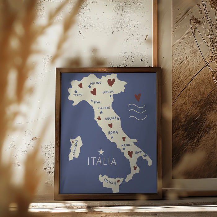 Italiy Map Framed Art Modern Wall Decor