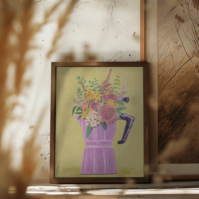 Espresso Maker with Flowers Framed Art Modern Wall Decor