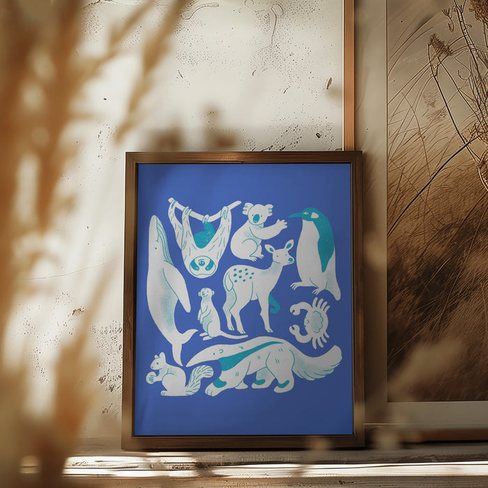 Blue Animal Collage Framed Art Modern Wall Decor