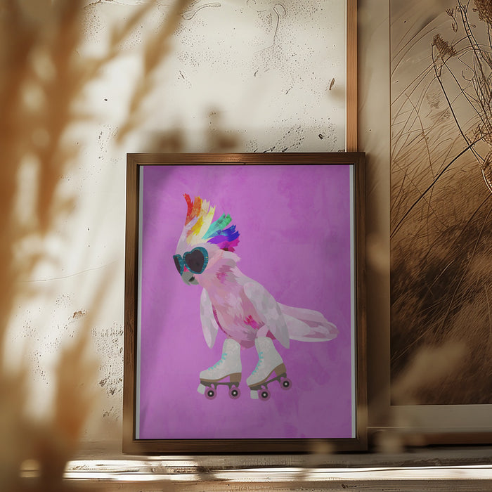 Rollerskating pink cockatoo Framed Art Wall Decor