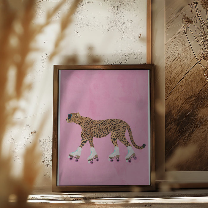 Cheetah rollerskating Framed Art Wall Decor