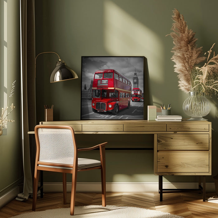 LONDON Red Buses on Westminster Bridge Square Canvas Art Print