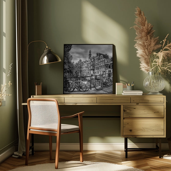 AMSTERDAM Flower Canal black &amp; white Square Canvas Art Print