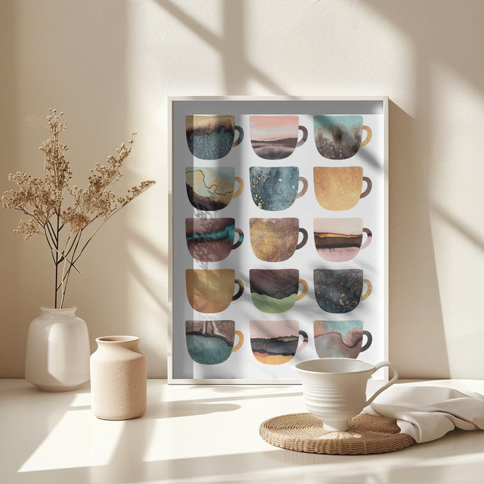 Earthy Coffee Cups Framed Art Modern Wall Decor