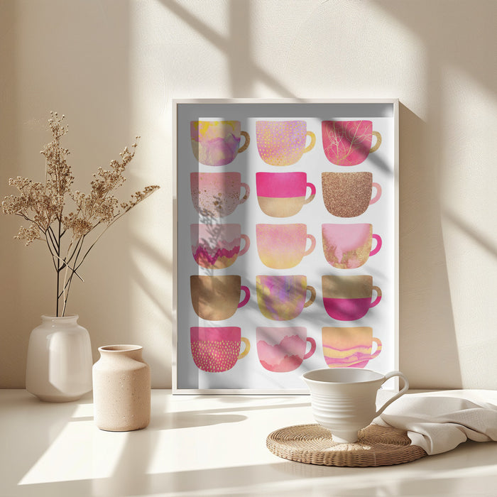 Pretty Pink Coffee Cups Framed Art Modern Wall Decor