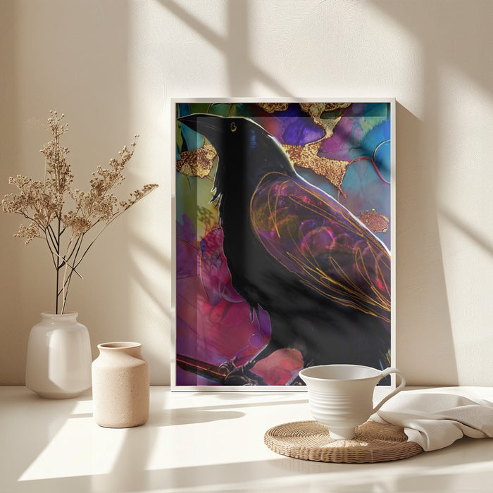 Raven with Pink and Gold Framed Art Modern Wall Decor