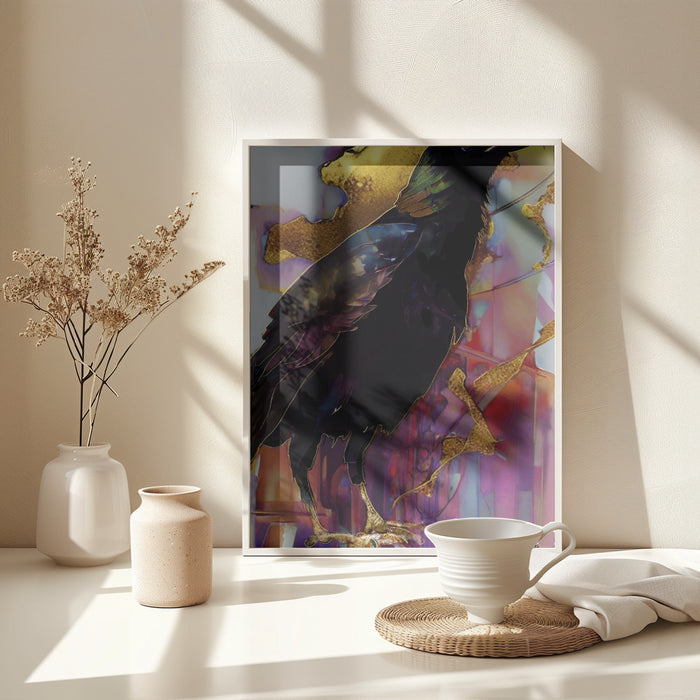 Raven with Pink and Gold Framed Art Modern Wall Decor