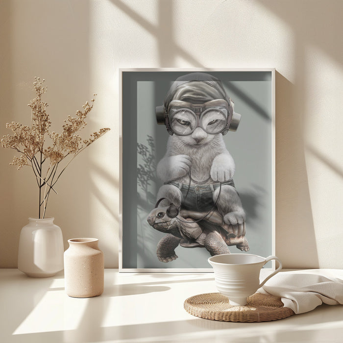 CAT RIDING TORTOISE Framed Art Wall Decor