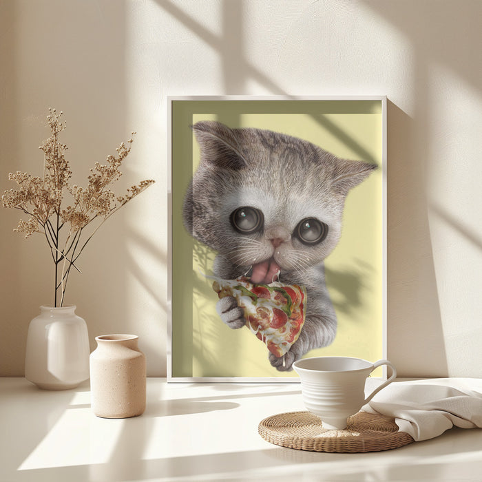 cat loves pizza Framed Art Wall Decor