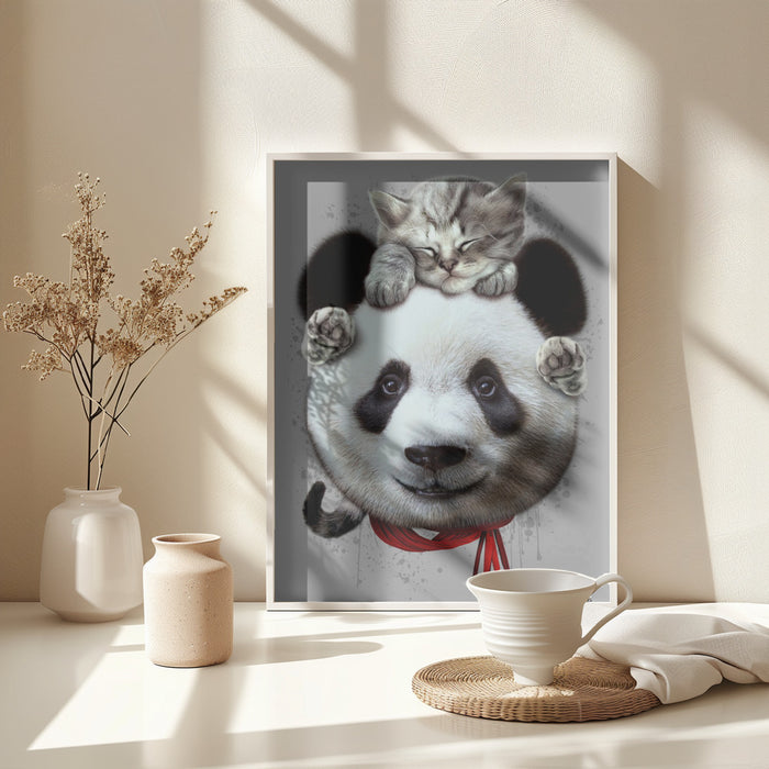 cat on panda bear Framed Art Wall Decor