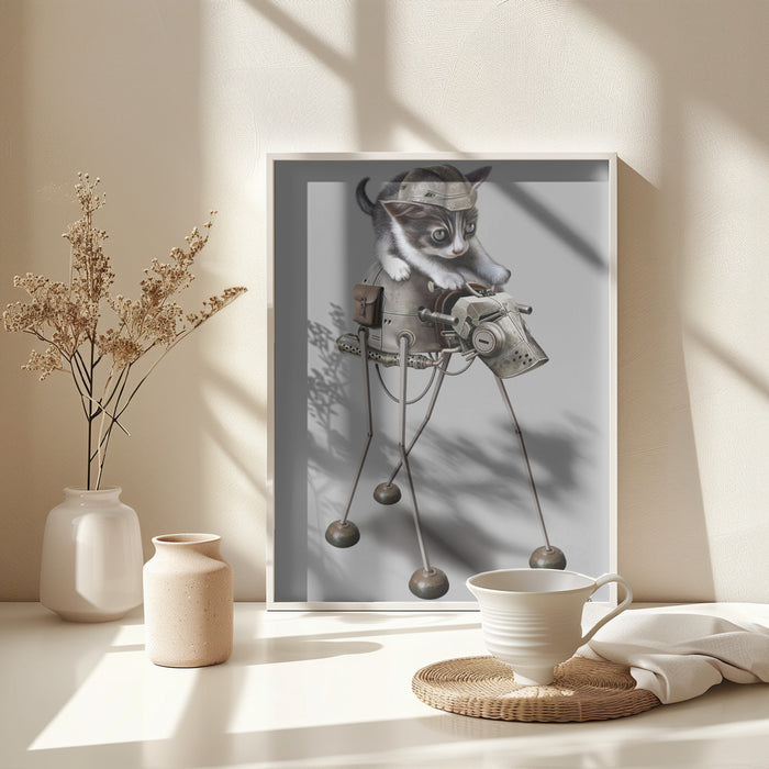 cat on robot Framed Art Wall Decor