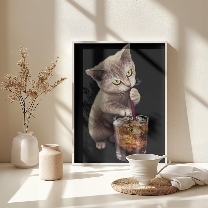 cat and soft drink Framed Art Wall Decor