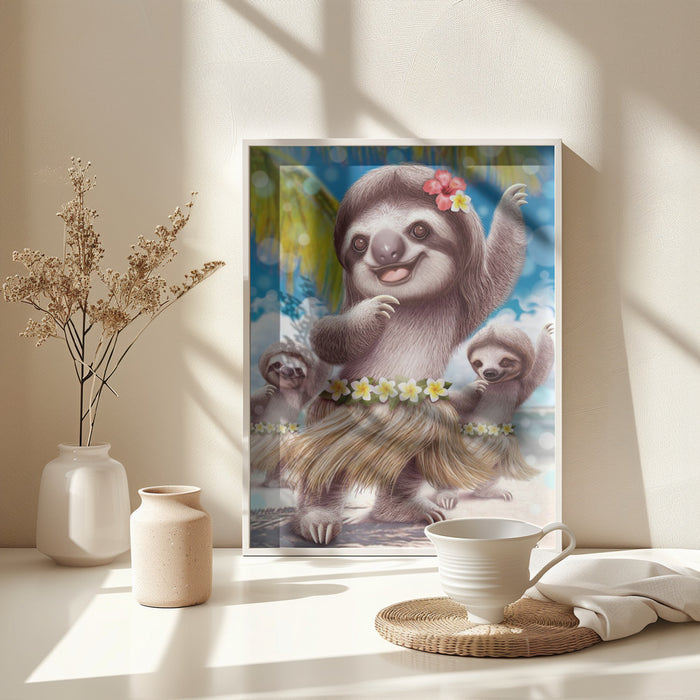 SLOTH HULA DANCER Framed Art Modern Wall Decor