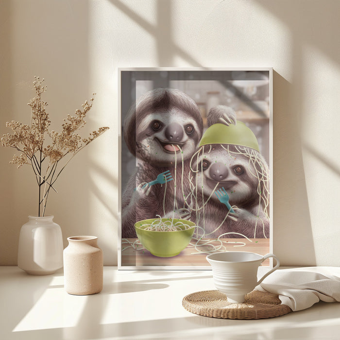 YOUNG SLOTH EATING SPAGETTI Framed Art Modern Wall Decor