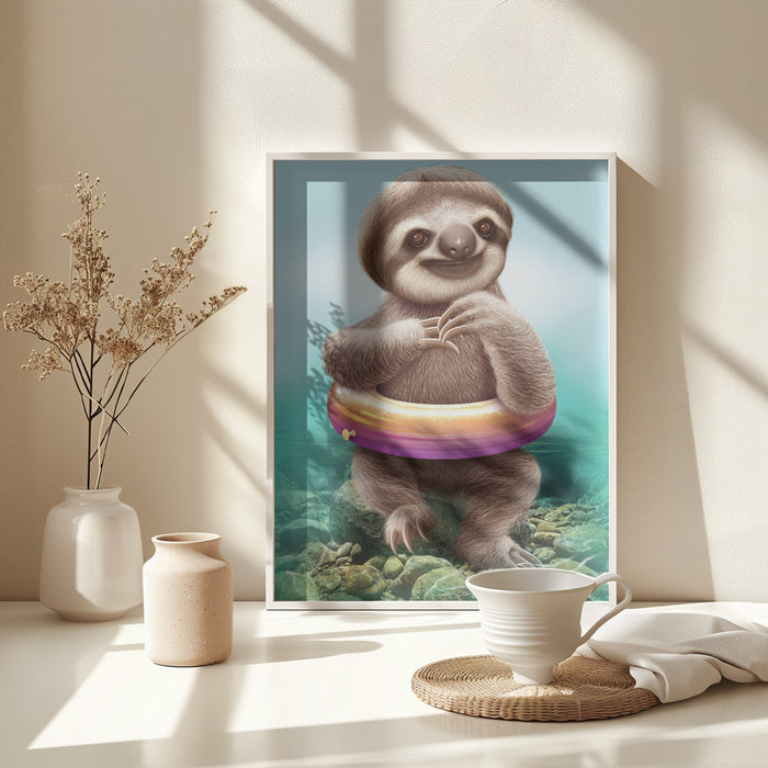 YOUNG SLOTH WITH BUOY Framed Art Modern Wall Decor