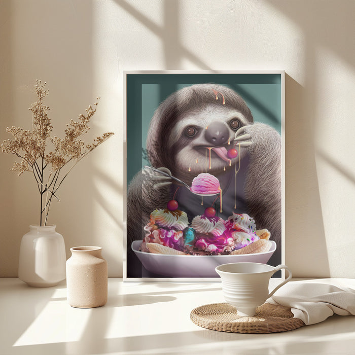 SLOTH ENJOYING ICE CREAM Framed Art Modern Wall Decor