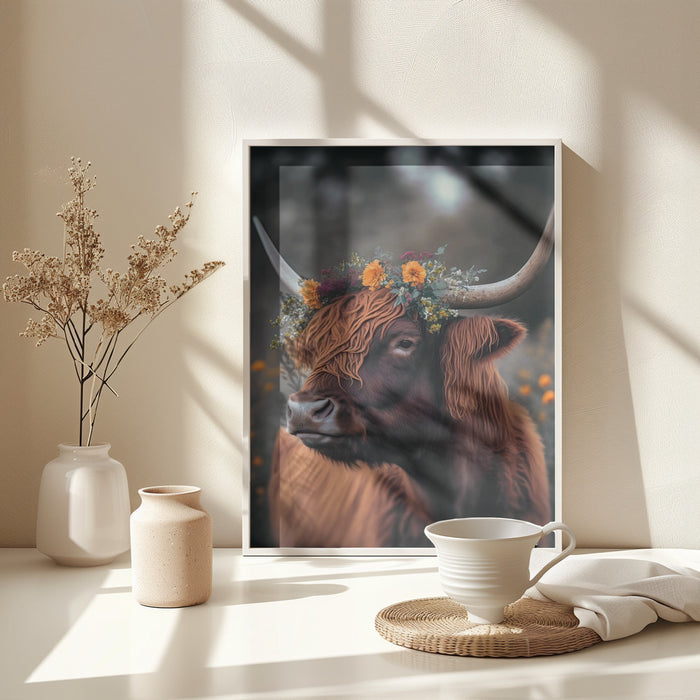 Highland Cow With Flowers Framed Art Modern Wall Decor