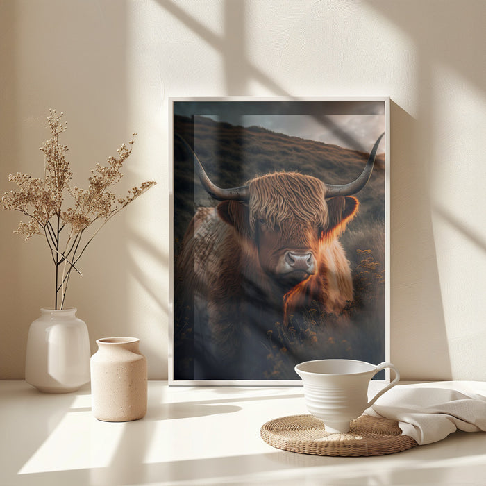 Highland Cow With Big Horns Framed Art Modern Wall Decor