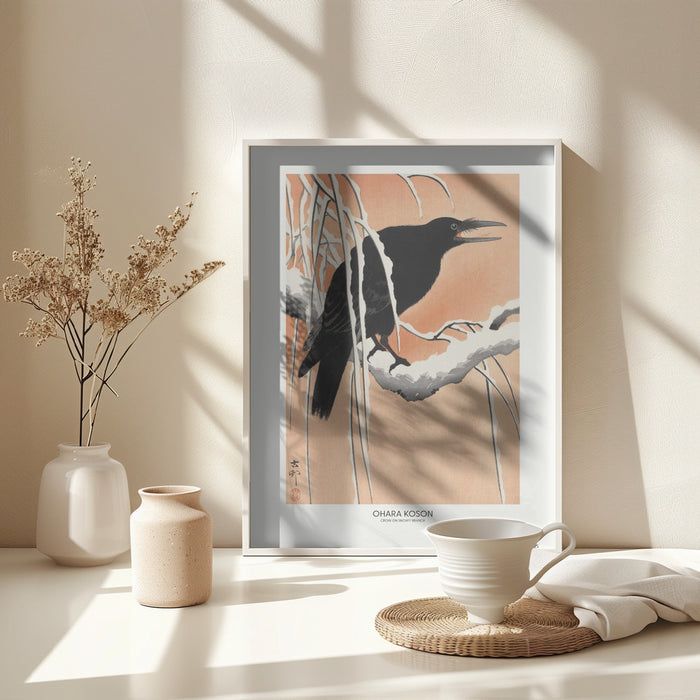 Crow On Snowy Branch Framed Art Wall Decor