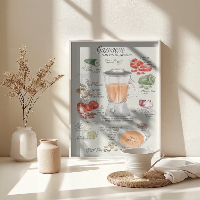 Gazpacho illustrated recipe in Spanish Framed Art Wall Decor