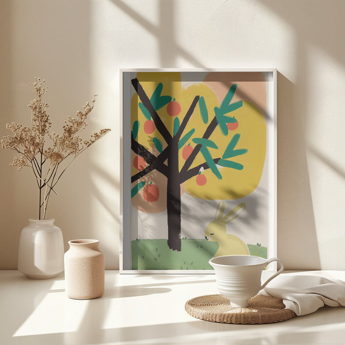 Bunny Under Apple Tree Framed Art Modern Wall Decor