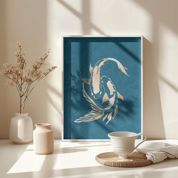 Gold Blue Koi Fish Framed Art Wall Decor