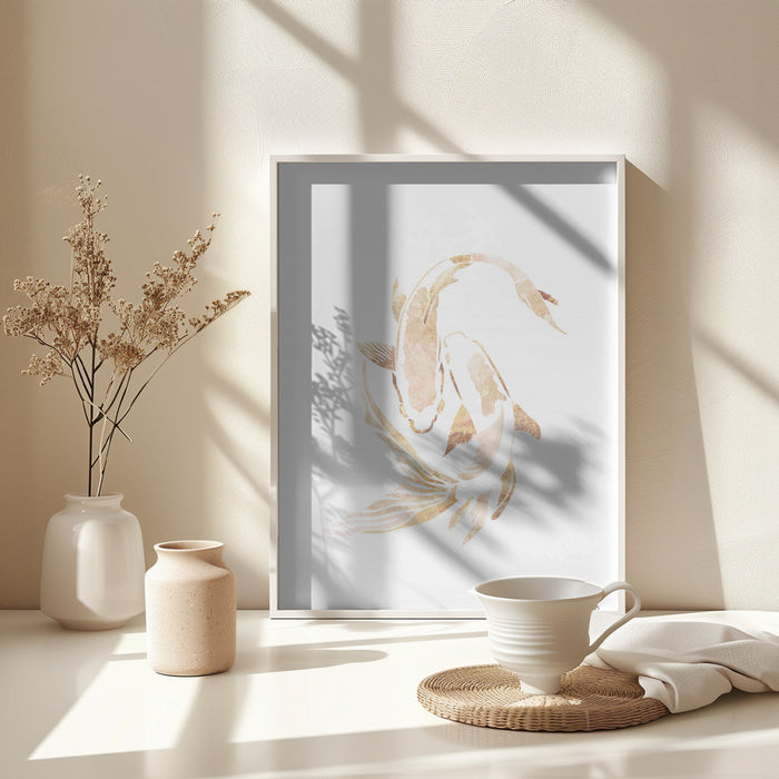 Gold White Japan Koi Fish Framed Art Modern Wall Decor