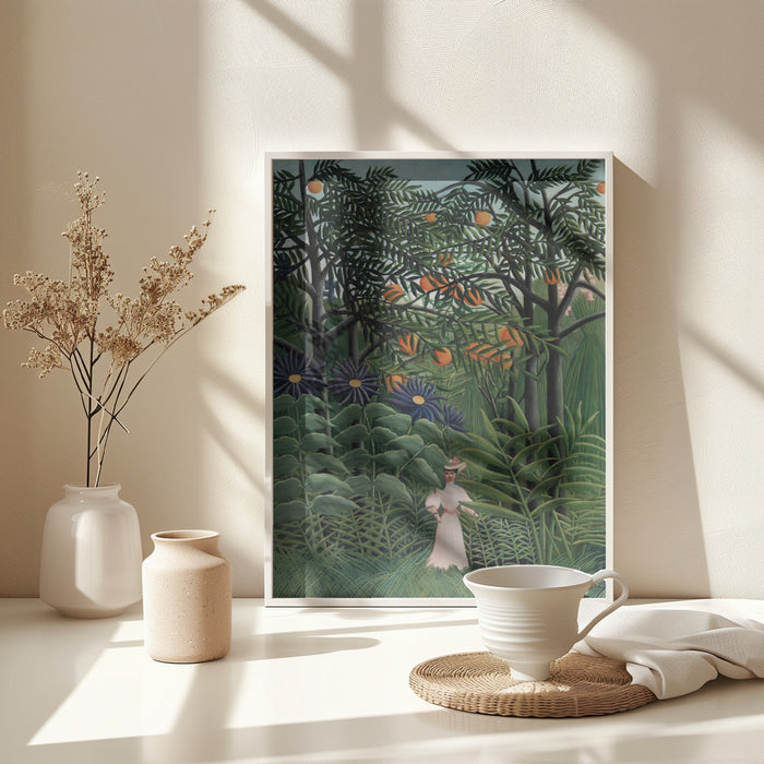 Femme Se Promenant Dans Une Foret Exotique Framed Art Modern Wall Decor