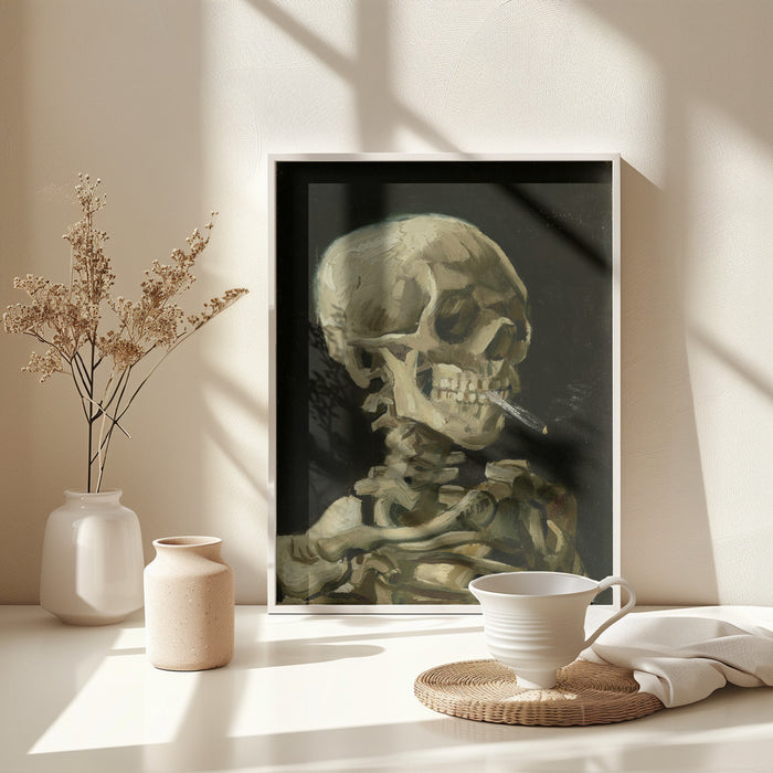 Head of a skeleton with a burning cigarette Framed Art Modern Wall Decor