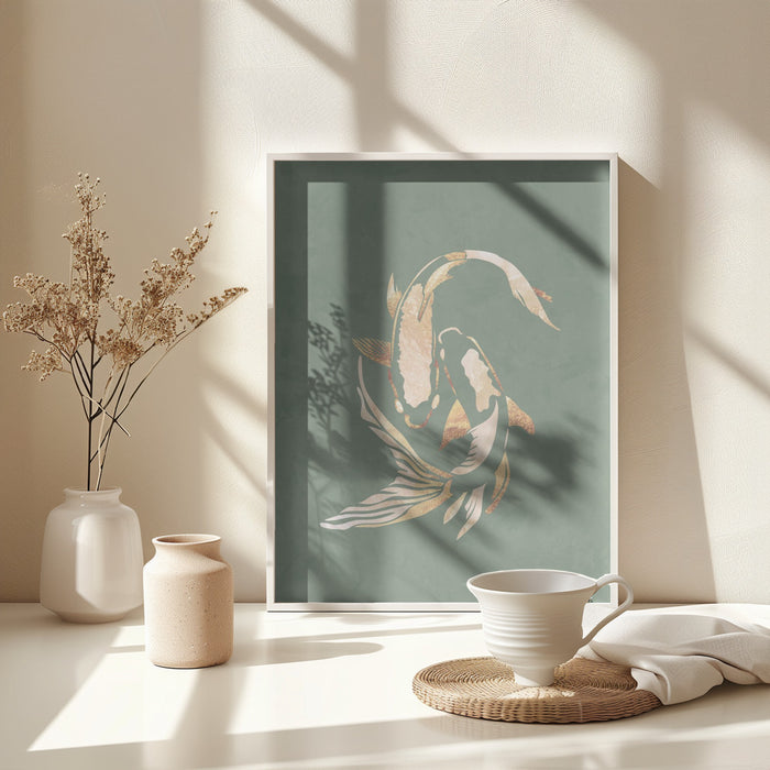 Sage Green Gold Koi Fish 1 Framed Art Wall Decor