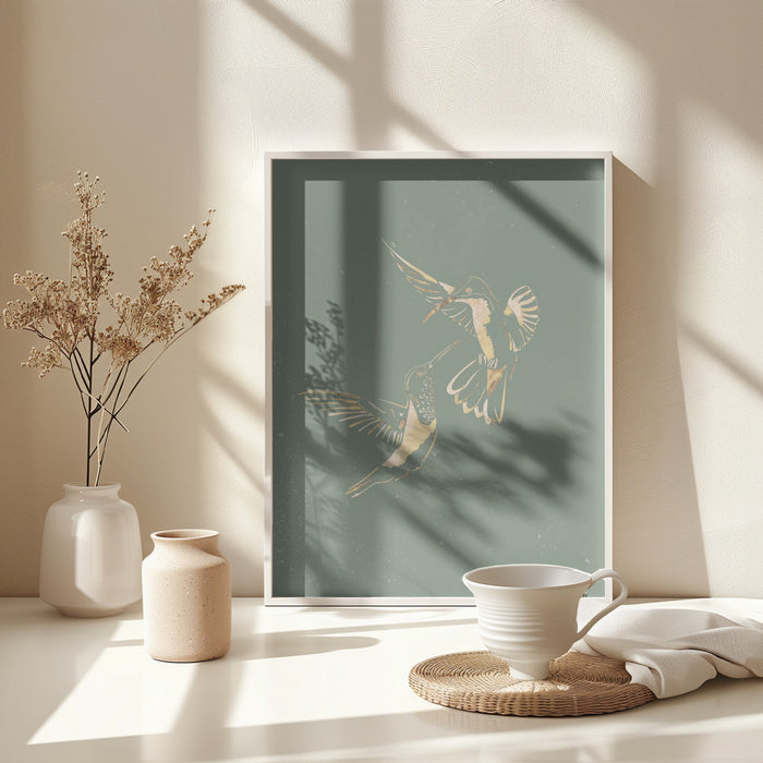 Sage Green Gold Hummingbirds Framed Art Wall Decor