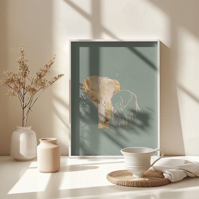 Sage Green Gold Elephants 1 Framed Art Modern Wall Decor