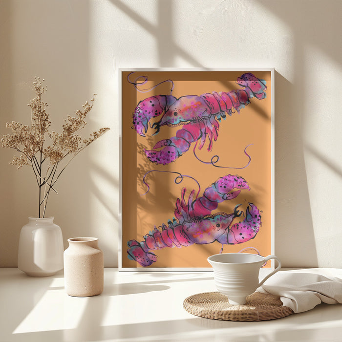 Lobsters On Orange Framed Art Wall Decor