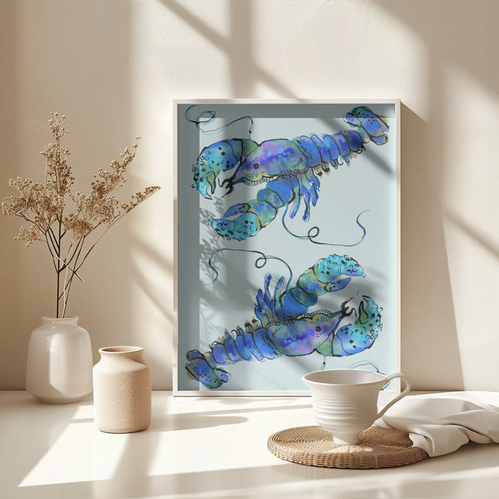 Lobsters On Azure Framed Art Wall Decor