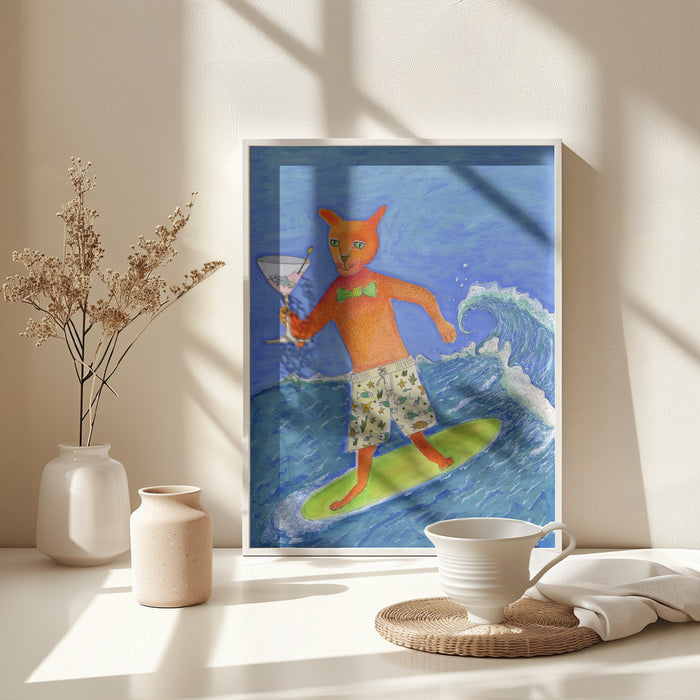 Surfing Cocktail Cat Framed Art Wall Decor