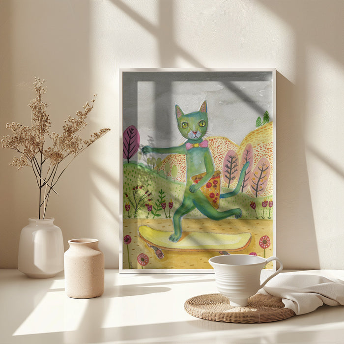 Pizza Cat Framed Art Wall Decor