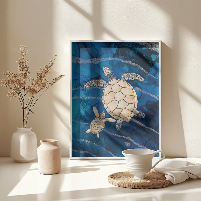 Gold turtles swimming Framed Art Wall Decor